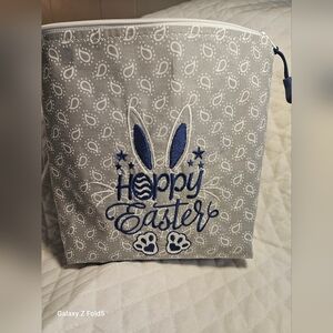 Gray and Blue Patterned Cosmetic Bag with Logo